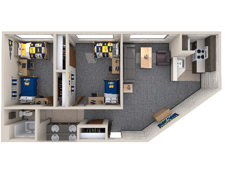 3D diagram of Lawrenson Hall Double Double Room with Furniture